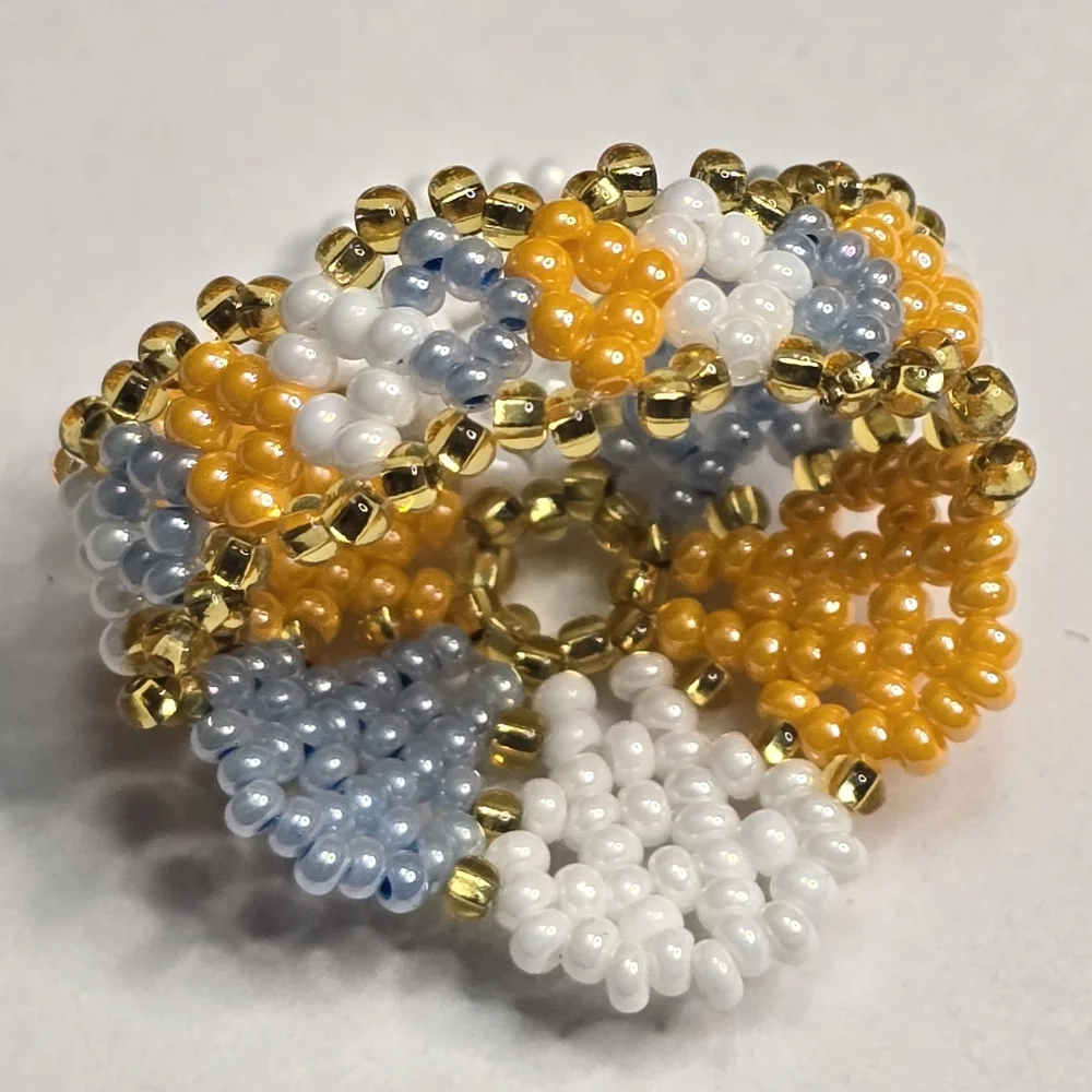 Handmade Yellow Blue‎ White Beaded Flower Ring New Size 11